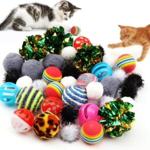 QUOZUO Cat Toys Balls, 38 PCS Kitten Ball Toys Assortments Including Rainbow Ball, Crinkle Ball, Sparkle Ball, Bell Balls, Sisal Ball, Linen Ball, Furry Toys Balls