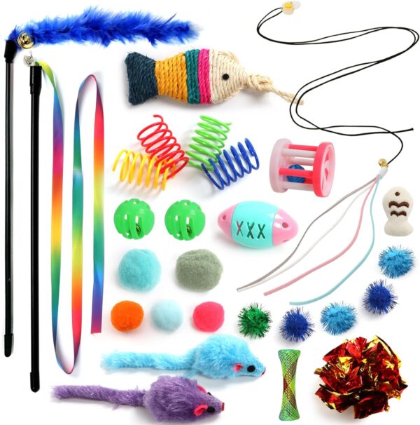 QUOZUO Cat Toys Kitten Toys Assortments, 26 Packs Hanging Interactive cat Toys for Indoor Cats, Cat Wand Toy, Cat Feather Toys, Cat Balls, Cat Mouse Toy