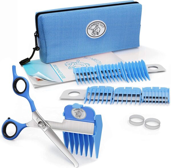 SCAREDY CUT Silent Pet Grooming Kit for Dog, Cat and All Pet Grooming - A Quiet Alternative to Electric Clippers for Sensitive Pets (Left-Handed Blue)