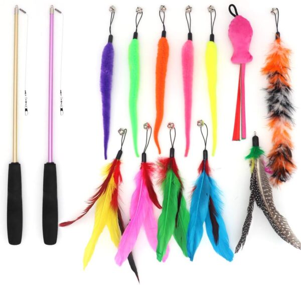 SLSON 14 Pack Cat Teaser Toy 2 Retractable Interactive Cat Wand and 12 Colourful Replaceable Cat Feather Toys with Bells For Indoor Cat and Kitten Catcher