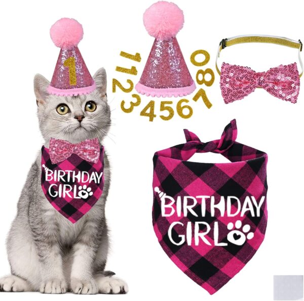 STMK Cat Birthday Party Supplies, Cat Birthday Hat with Cat Birthday Bandana Bow Tie Collar Birthday Number Cat Birthday Decorations for Cat Kitten Birthday Outfits (Pink)