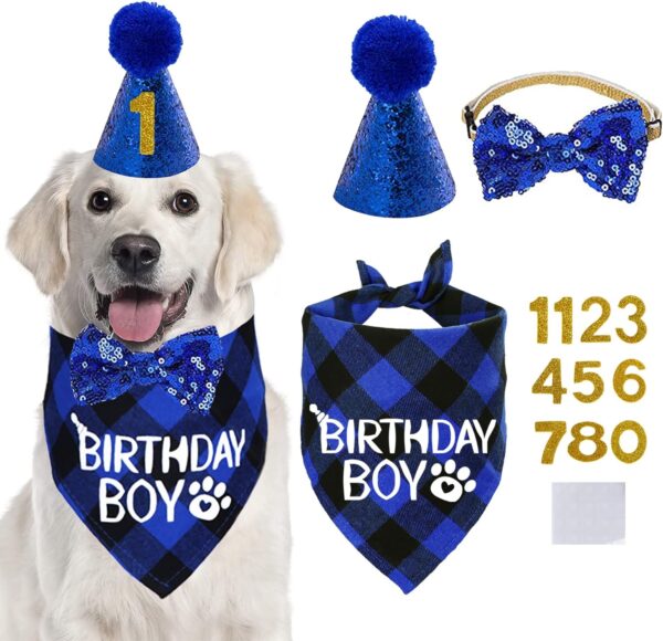 STMK Dog Birthday Party Supplies, Dog Birthday Bandana Boy and Dog Birthday Number Hat with Dog Bow Tie Collar for Medium Large Dogs (Blue Style)