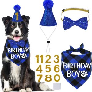 STMK Dog Birthday Party Supplies, Multi Size Dog Birthday Hat Dog Birthday Bandana Boy Bow Tie Birthday Numbers for Medium Large Dogs Pets (Large, Blue)