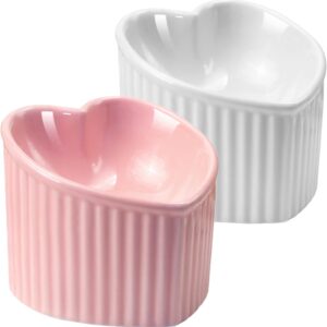 SUNQEBO Elevated Cat Food Bowl, 2 Pack Raised Cat Bowls for Indoor Cats, Cute Heart Shaped Ceramic Tilted Flat Pet Feeding Set Supplies Whisker Friendly Anti Vomit, Dishwasher Safe, White+ Pink