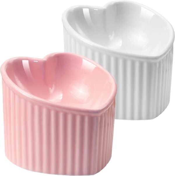 SUNQEBO Elevated Cat Food Bowl, 2 Pack Raised Cat Bowls for Indoor Cats, Cute Heart Shaped Ceramic Tilted Flat Pet Feeding Set Supplies Whisker Friendly Anti Vomit, Dishwasher Safe, White+ Pink