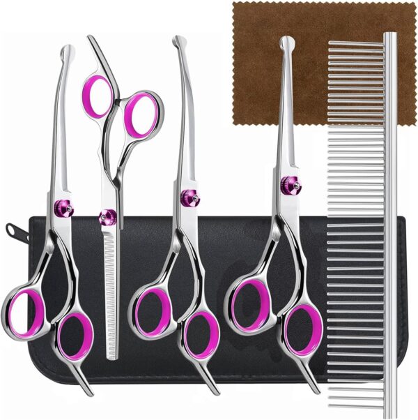 SUPERFA Dog Grooming Scissors with Safety Round Tip, 5Pcs 6-Inch Professional Pet Grooming Scissors Set, Stainless Steel Grooming Shears for Small Large Pet Dog Cat