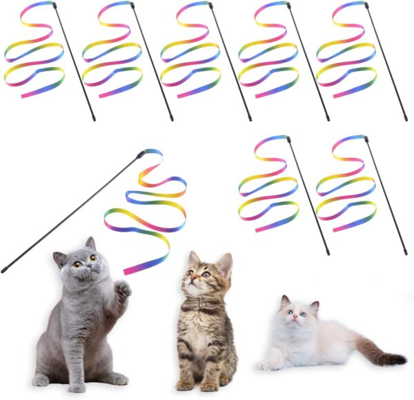 SYEYCW 8 Pcs Cat Wand Toys, Cat Wand Interactive Toy, Kitten Accessories, 30cm Cat Interactive Wand with 60cm Rainbow Ribbon String, Cat Tous for Pet Kitten Training Exerciser, Indoor Kitten Catcher