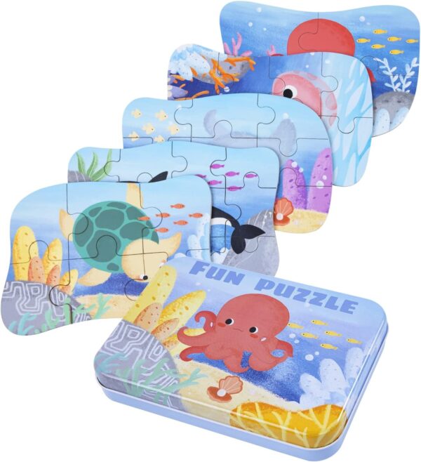 Sea Animal Puzzles for 3 4 5 6 Year Olds, 5-in-1 Jigsaw Puzzles with Iron Box for Storage, Puzzle Toys Gifts for Boys, Girls, Kids and Children (Sea Animal Puzzles)