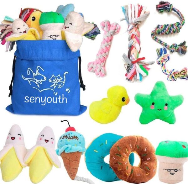 Senyoung Dog Toys,12 Pack Puppy Chew Toys Gift Sets,Interactive Cute and Safe Stuffed Plush Chew Squeaky Toys,Tough Rope Chew Toys, Durable and Washable, for Small/Medium Dogs.