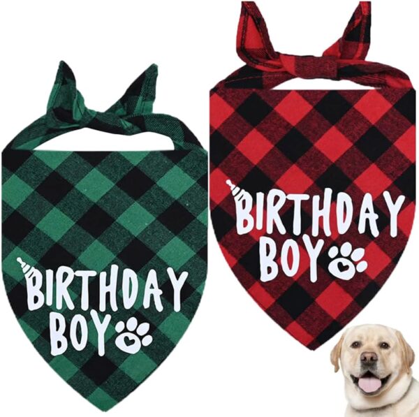 ShaMyiuCnz 2 Pcs Dog Birthday Bandana Plaid Printed Birthday Boy Bandana Washable Pets Birthday Party Supplies Cotton Triangle Dog Scarf for Small Medium Dog Puppy Birthday Costumes