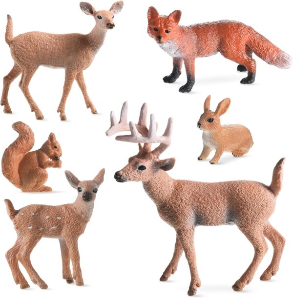 Skylety 6 Pieces Woodland Animals Figures Forest Creatures Figurines Squirrel Deer Rabbit Family Figurines Miniature Toys Cake Toppers for Birthday Party Baby Shower Christmas Party