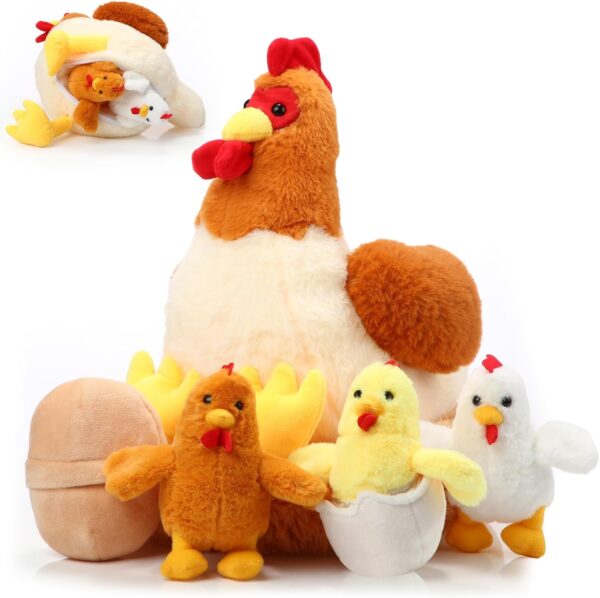 Skylety Chicken Stuffed Animal Plush Chicken Toys Egg Laying Hen with Zippered Belly, Hen House and Little Baby Chicks Stuffed Chicken for Easter Stuffers Party Supplies(Cute Style)