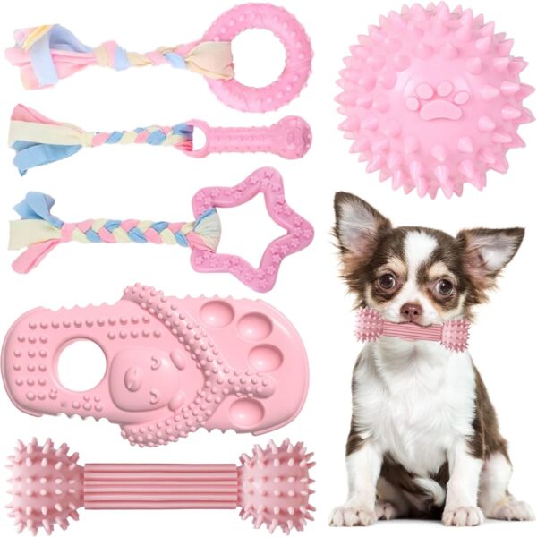 TENGZHI 6 PACK Durable Rubber Chew Toys for Puppies Small Dogs - Soft Rubber Funny Slippers Ball Donut Indoor Outdoor Toys Perfect for Teething and Playtime (Pink)