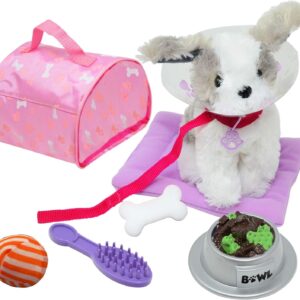 The New York Doll Collection Plush Puppy Dog Accessories Toy Play Set for Kids, Pretend Dog Toy Playset Includes Bed, Carrier, Toy Dog Collar & More, Pet Toy fits 18 Inch Dolls