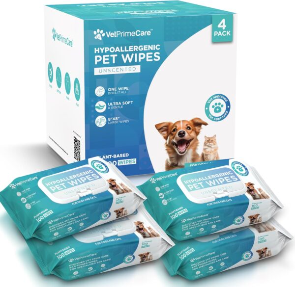 VET PRIME CARE Pet Grooming Wipes for Dogs & Cats, 8” x 8” Plant-Based Hypoallergenic Wipes for Cleaning & Deodorizing, Suitable for Pets Body Like Face, Paws, Belly, and Butt, Unscented - 400 Count