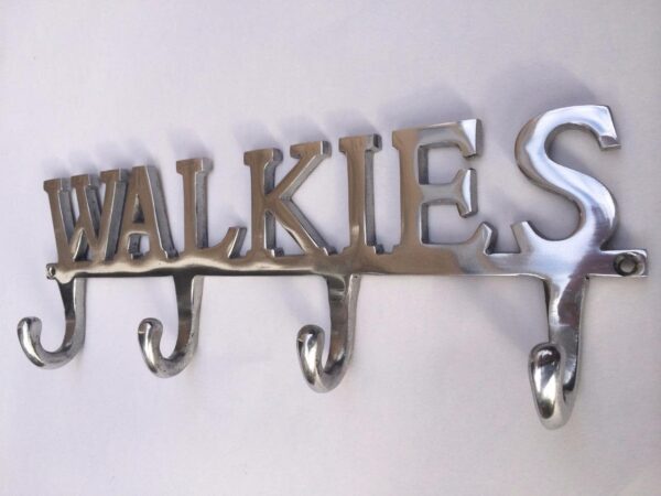 WALKIES Dog Pet Lead Leash Holder Rack 4 Hooks " WALKIES " Aluminium Wall Hook Hanger Chrome colour