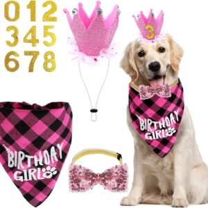 WLLHYF Dog Birthday Party Supplies Pink Birthday Girl Dog Bandana Crown Hat with Number Cute Bow Tie Collar Dogs Pets Birthday Outfits for Small and Medium Dog