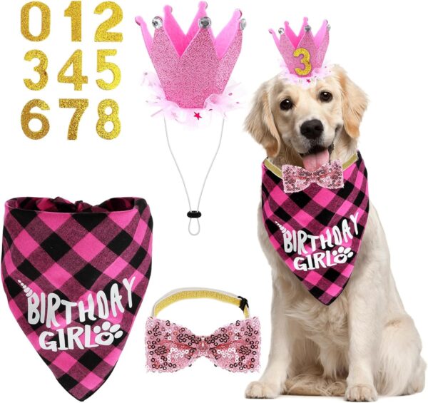 WLLHYF Dog Birthday Party Supplies Pink Birthday Girl Dog Bandana Crown Hat with Number Cute Bow Tie Collar Dogs Pets Birthday Outfits for Small and Medium Dog