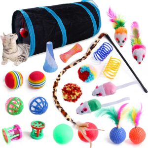 Wefine 22 Pcs Cat Toys for Indoor Kitten, Interactive Cat Kitten Toys Set, Collapsible Cat Tunnel Feather Wand Ball Spring Mice, 22pcs Blue Black