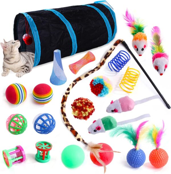 Wefine 22 Pcs Cat Toys for Indoor Kitten, Interactive Cat Kitten Toys Set, Collapsible Cat Tunnel Feather Wand Ball Spring Mice, 22pcs Blue Black