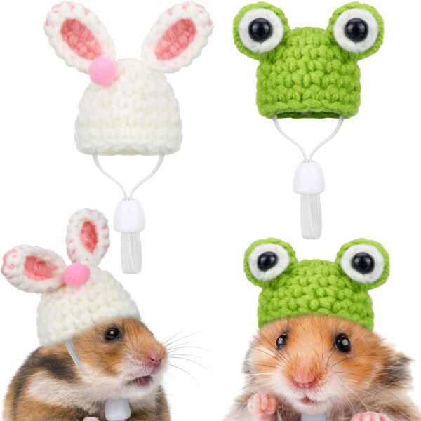 Xuniea 2 Pieces Hamster Hats Mini Hamster Clothes for Small Animals Cute Hand Knitted Hat with Adjustable Strap for Hamster Snakes Frog Bunny Small Animals Costume Accessories Photo Props