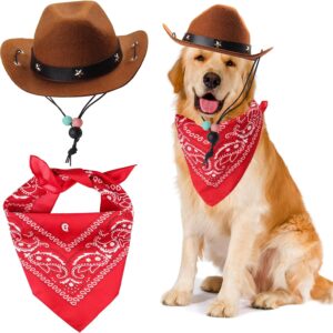 Yewong Pet Cowboy Costume Accessories Dog Cat Pet Size Cowboy Hat and Bandana Scarf West Cowboy Accessories for Puppy Kitten Party Festival and Daily Wearing Set of 2 (Coffee)