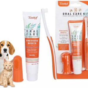 Yingte Pets Oral Care Kit | 3 in 1 | Cats & Dogs Toothpaste Toothbrush Finger Toothbrush | Different Flavour | Freshens Breath (Vanilla)