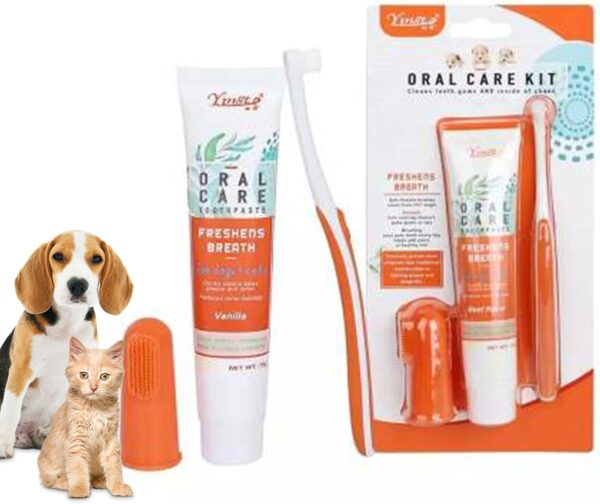 Yingte Pets Oral Care Kit | 3 in 1 | Cats & Dogs Toothpaste Toothbrush Finger Toothbrush | Different Flavour | Freshens Breath (Vanilla)