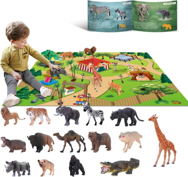 YouCute 15 Animal Toys for 3 4 5 6 Years Old Boys Girls Jungle Wild Set Educational Plastic Animal Toys with Play Mat Lion Tiger Party Gifts for Kids