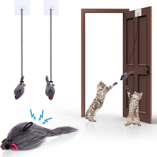 cobee Hanging Cat Toys, Interactive Cat Toys for Indoor Self-Play Cat Bouncing Mice Toys with Adjustable Elastic Rope Doorway Kitten Chasing Hanging Mouse Toys with Bells for Hunt Exercise, 2 Pack