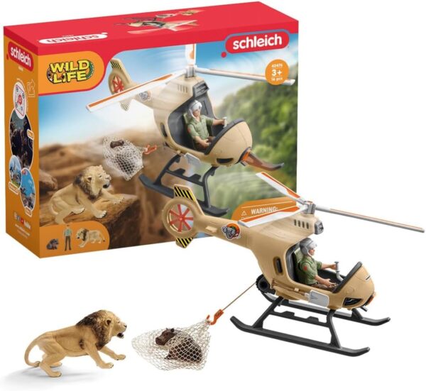 schleich 42476 Wild Life 8pc Animal Rescue Helicopter Playset with Lion and Hippo Figurine - Highly Detailed Wild Animal Toys Playset, Durable for Education and Fun Play, Perfect for Kids Ages 3+