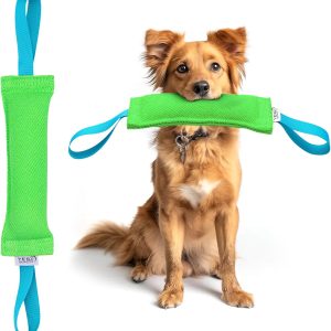 YES4QUALITY Dog Bite Tug Toy (11.8"x3.5"), Durable Green Pull Toy w/ 2 Soft & Strong Blue Handles, Tough Nylon Bite Pillow for Small to Medium Dogs, Ideal for Tug of War, Fetch, K9, Puppy Training