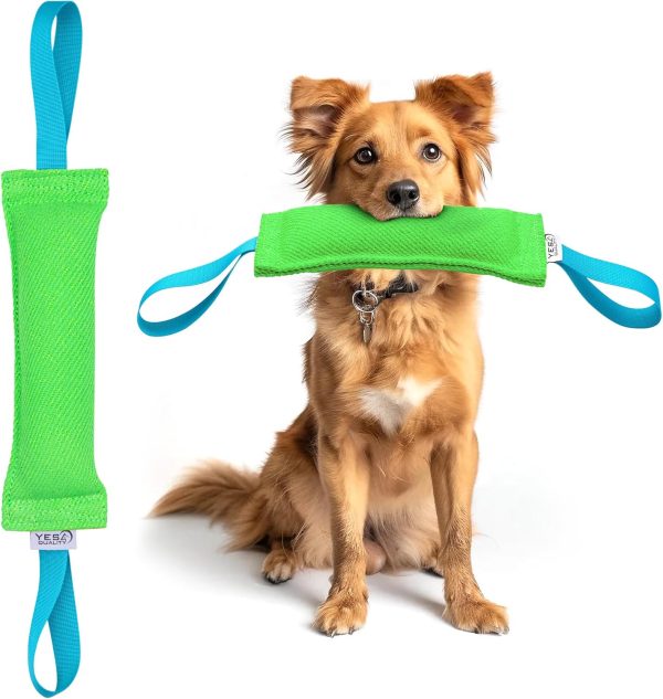 YES4QUALITY Dog Bite Tug Toy (11.8"x3.5"), Durable Green Pull Toy w/ 2 Soft & Strong Blue Handles, Tough Nylon Bite Pillow for Small to Medium Dogs, Ideal for Tug of War, Fetch, K9, Puppy Training