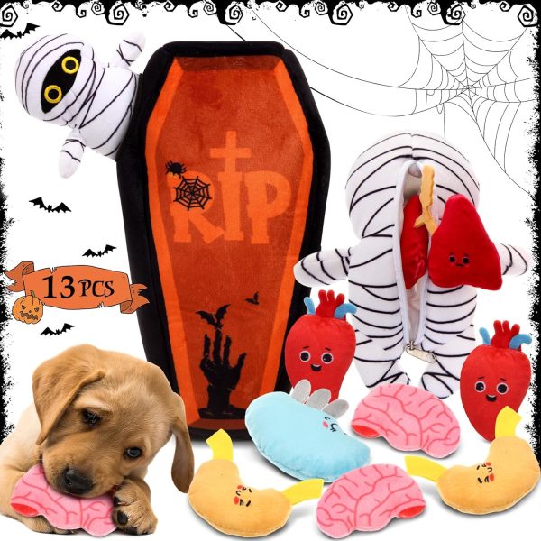 13 Pcs Halloween Hide and Seek Dog Toys Halloween Coffin Mummy Dog Toys with Organs Burrow Interactive Dog Toys Halloween Stuffing Body Dog Squeaky Toys for Halloween Decor Dog Training