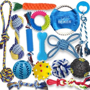 Beiker Dog Teething Chew Toys - 15 Pack Tough Small Medium Large Breed Puppy Toys, Dogs Rope Chew Toys Bundle for Boredom, Pet Interactive Squeaky Treat Dispensing Ball for Puppies