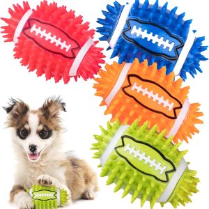 4.3” Dog Squeaky Football Toys 4 Pack, Interactive and Durable Spiky Dog Balls for Medium Large Dogs with Rugby Shape, Built-in Squeaker for Teeth Cleaning and Training