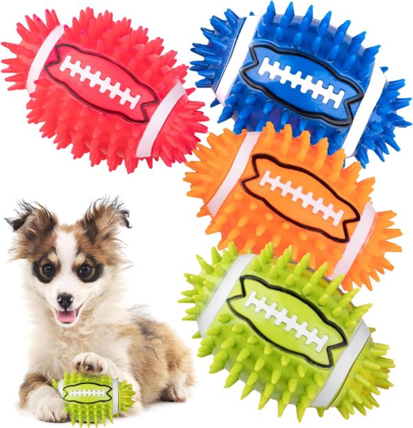 4.3” Dog Squeaky Football Toys 4 Pack, Interactive and Durable Spiky Dog Balls for Medium Large Dogs with Rugby Shape, Built-in Squeaker for Teeth Cleaning and Training