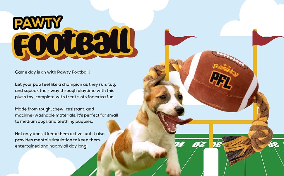 pawty football dog toy plush interactive squeaker fetch throw tug durable resistant chew strong bite