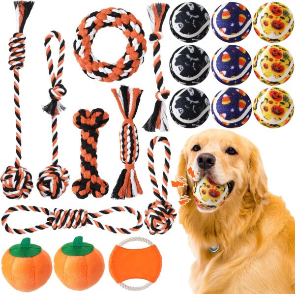 20 Pcs Halloween Dog Tennis Balls Squeaky Pumpkin Dog Plush Toys Dog Rope Toys for Small Medium Large Dog Durable Plush Teething Chew Toys for Aggressive Chewers Dog Cat Interactive Training