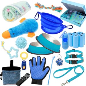 FLYSTAR Puppy Starter Kit for Small Dogs, 26 pcs Include Dog Toys, Collar and Leash, Training Cilcker, Treat Bag, Poop Waste bag with Dispenser, Blanket, Grooming Glove, Bowls, Toothbrush, ID Tag, etc