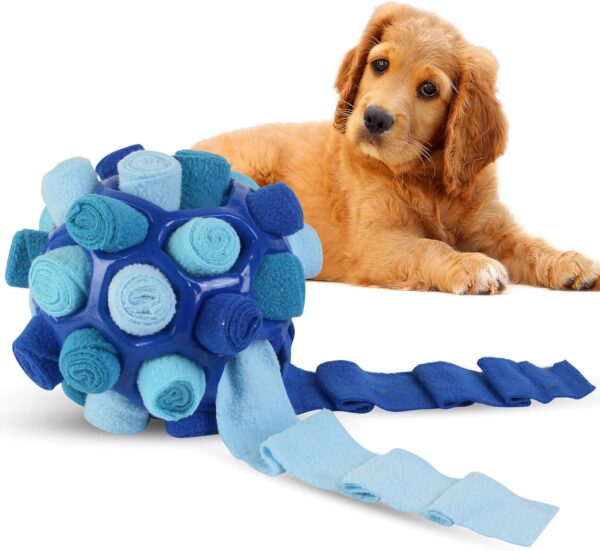 GRAY'S FAVES Snuffle Ball for Dogs with Treat Dispensing Enrichment for Training, Treat Feeding, Fetch, Natural Foraging, and Active Pet Play, Interactive Puzzle, Soft Fabric, TPR Rubber (Blue)