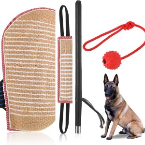 Leyndo 4 Pcs Dog Training Set Include Dog Sleeve Dog Pillow Tug Toy Dog Training Stick and Dog Rubber Ball Professional Training Equipment for Biting Training Interactive Fetch K9 Puppy