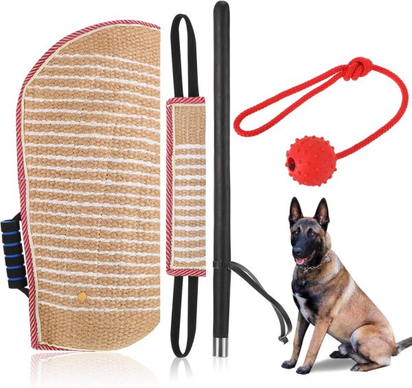 Leyndo 4 Pcs Dog Training Set Include Dog Sleeve Dog Pillow Tug Toy Dog Training Stick and Dog Rubber Ball Professional Training Equipment for Biting Training Interactive Fetch K9 Puppy