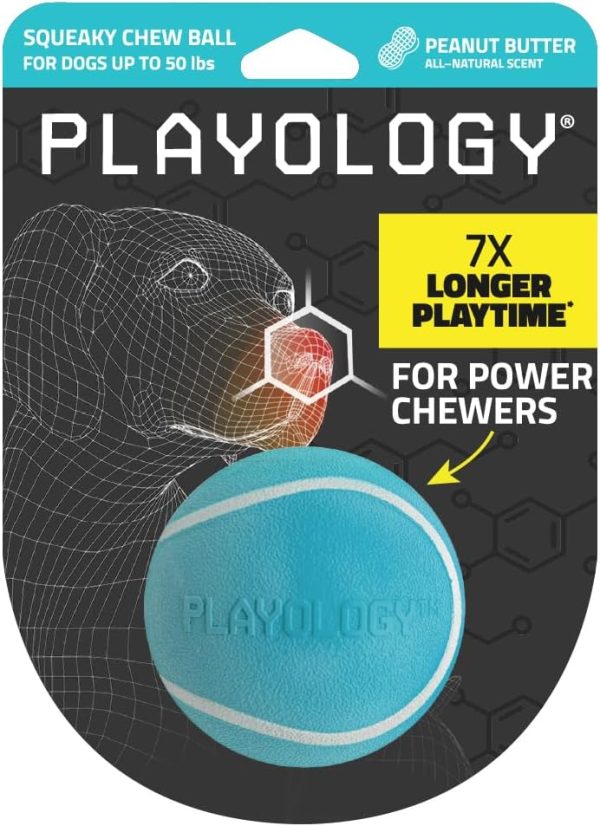 Playology Squeaky Chew Ball for Dogs | Engaging All-Natural Peanut Butter Scented Dog Toy for Medium Dogs up to 50lbs | Squeak, Bounce, Fetch, and Play!