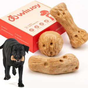 Willjoy Large 3-Pack Dog Toys for Aggressive Chewers Pine Wood and Nylon Dog Chew Toys Real Bacon Indestructible Dog Toys to Keep Them Busy