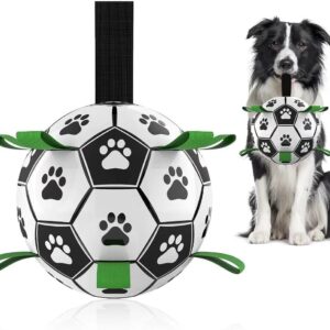 QDAN Dog Toys Soccer Ball with Straps, Interactive Dog Toys for Tug of War, Puppy Birthday Gifts, Dog Tug Toy, Dog Water Toy, Durable Dog Balls World Cup for Small & Medium Dogs（6 Inch）