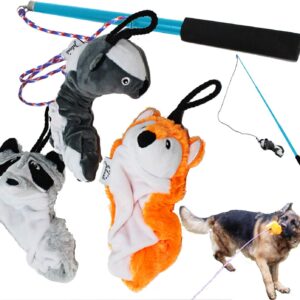 Jalousie Collapsible Dog Flirt Pole with Three Squeaky Toys Plush Toys Dog Teaser Wand Chase it Dog Toy with Refills (Dog Flirt Pole w/Three Toys) - Upgraded Rope