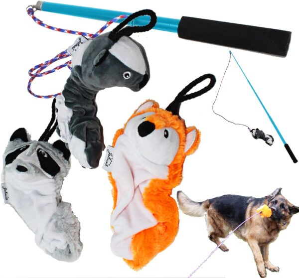 Jalousie Collapsible Dog Flirt Pole with Three Squeaky Toys Plush Toys Dog Teaser Wand Chase it Dog Toy with Refills (Dog Flirt Pole w/Three Toys) - Upgraded Rope