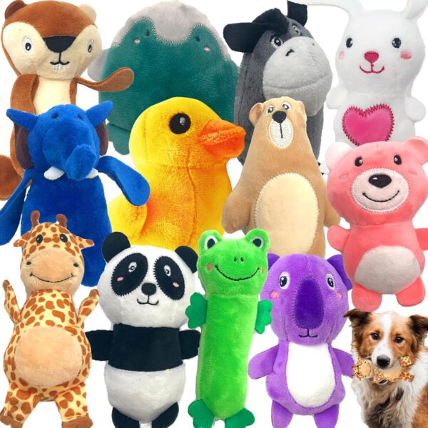 Jalousie 12 Pack Plush Animal Dog Toy, Premium Squeaky Chew Toys for Small Medium Dogs, Stuffed Puppy Toys for Pets - Dental Cleaning & Stress Relief