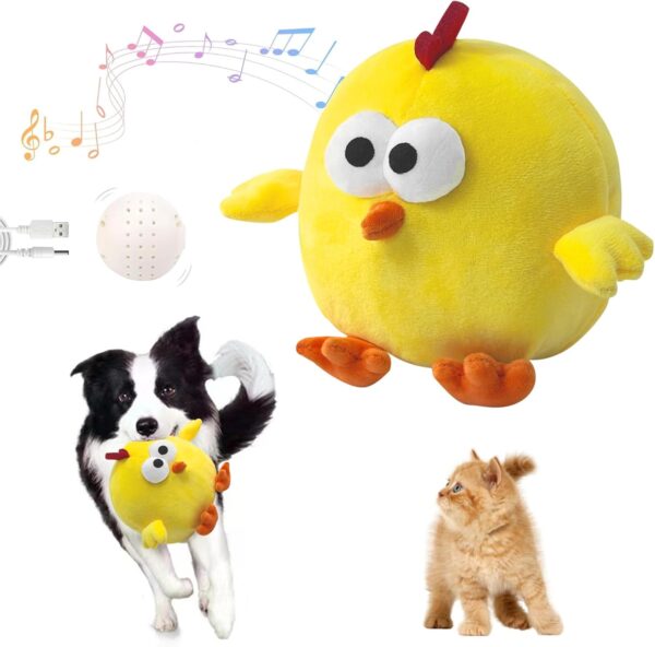 Interactive Dog Toys, Squeaky Dog Toys, Bouncing Interactive Dogs Ball for Boredom, Durable Chewing Chicken Stuffed Animal Plush Toy, Active Self Moving Ball with Music, Rechargeable & Washable